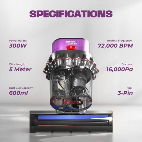 Russell Taylors VM30 vacuum cleaner with purple top, transparent dust chamber, and specifications display showing 300W power, 72,000 BPM, and other technical details.
