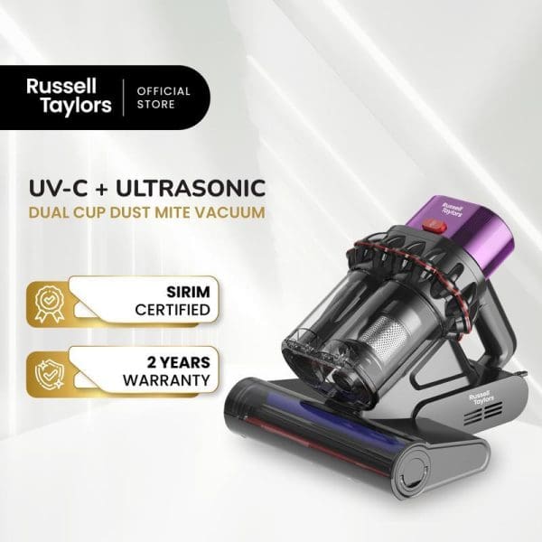 Russell Taylors VM30 Dual Cup Dust Mite Vacuum with UV-C Light and Ultrasonic technology, SIRIM certified with 2-year warranty, purple and gray design.