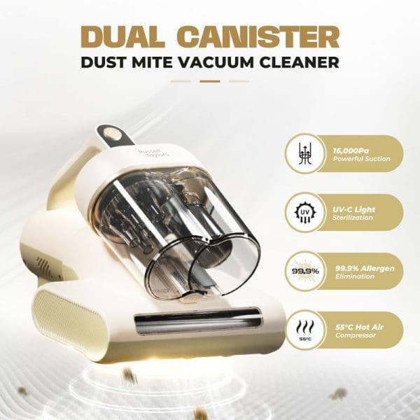 Russell Taylors VM20 Dual Canister Dust Mite Vacuum Cleaner with UV-C light sterilization, 16,000Pa suction, 99.9% allergen elimination, and 55°C hot air compressor features displayed.