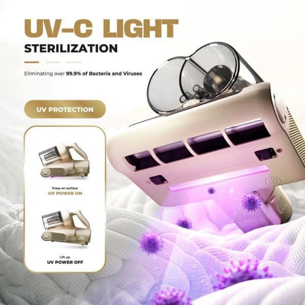 Russell Taylors VM20 Dual Cup Dust Mite Vacuum Cleaner with UV-C light sterilization technology eliminating 99.9% bacteria and viruses from bedding surfaces.