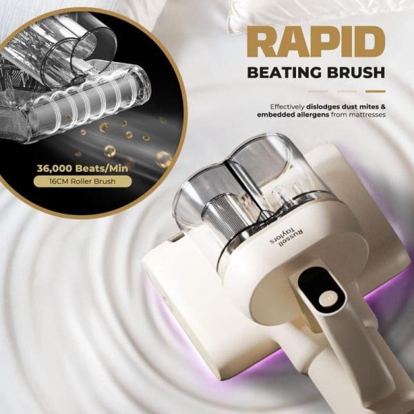 Russell Taylors VM20 Dual Cup Dust Mite Vacuum Cleaner with UV-C Light featuring rapid beating brush with 36,000 beats per minute for mattress cleaning.