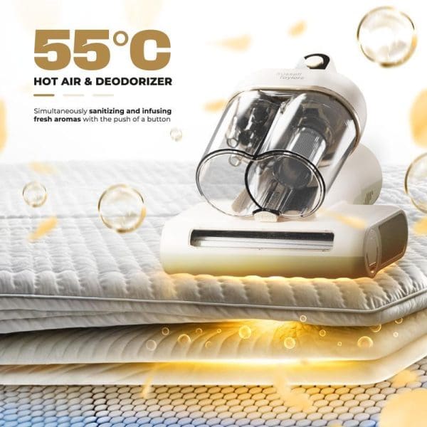 Russell Taylors VM20 Dual Cup Dust Mite Vacuum Cleaner with UV-C light, featuring 55°C hot air deodorizer technology, shown sanitizing a white mattress.