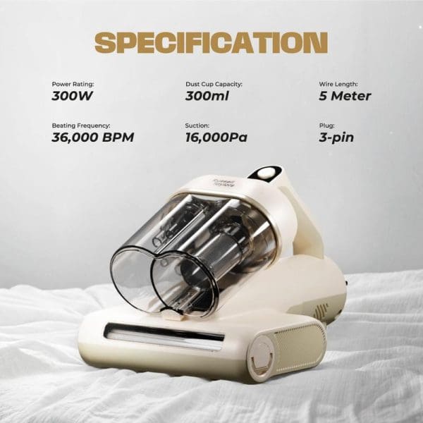 Russell Taylors VM20 Dual Cup Dust Mite Vacuum Cleaner with UV-C Light showing specifications: 300W power, 300ml capacity, 5m wire, 36,000 BPM frequency, 16,000Pa suction, 3-pin plug.