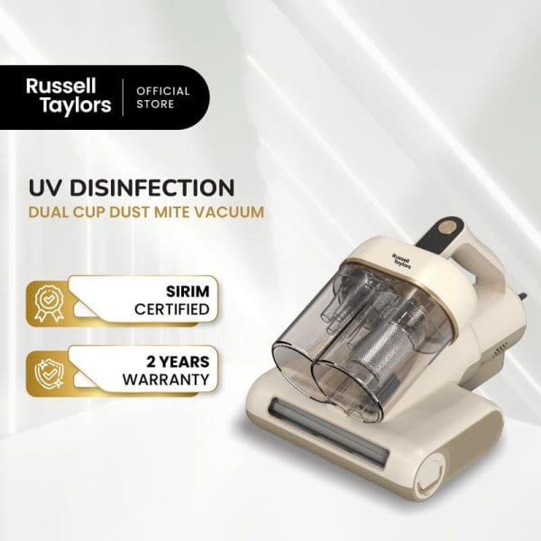 Russell Taylors UV Disinfection Dual Cup Dust Mite Vacuum cleaner in cream color with transparent dust container, SIRIM certified with 2 years warranty.