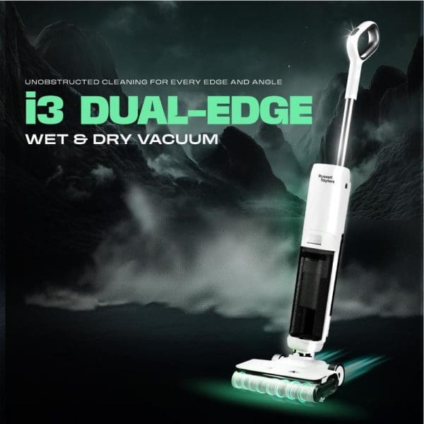 Russell Taylors i3 Dual-Edge white cordless vacuum cleaner with wet and dry cleaning capabilities, featuring self-cleaning and hot air drying technology.