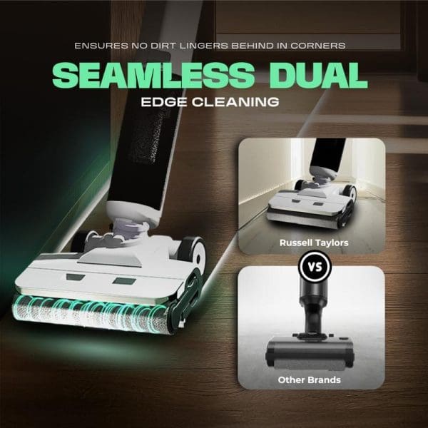 Russell Taylors cordless floor washer vacuum with seamless dual edge cleaning technology, showing comparison with other brands and highlighting no dirt lingers in corners feature.