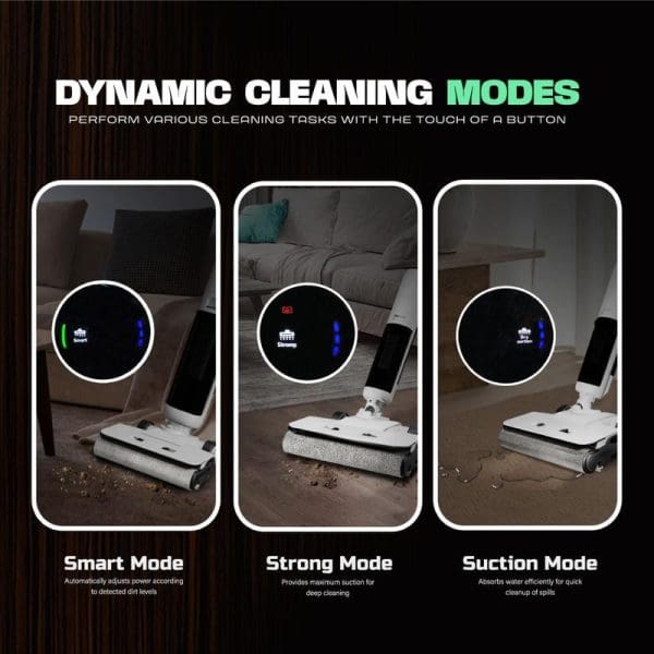 Russell Taylors cordless floor washer vacuum showing three dynamic cleaning modes - Smart Mode, Strong Mode, and Suction Mode with digital displays.