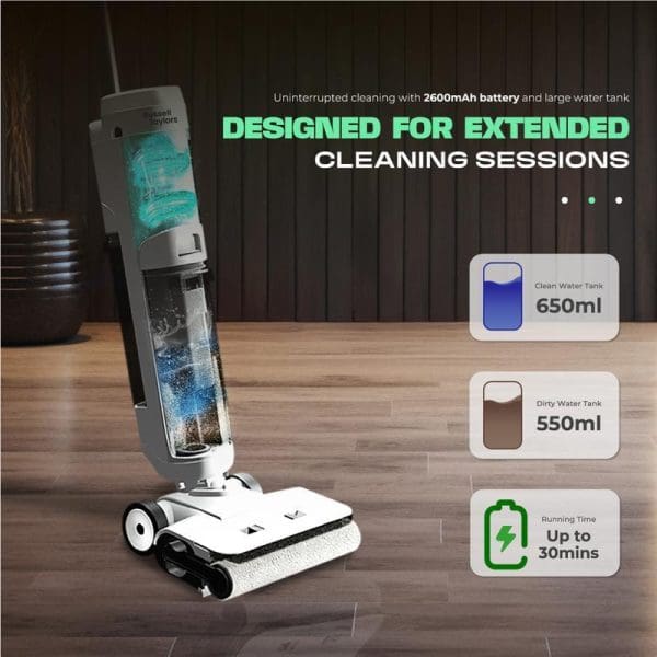 Russell Taylors cordless floor washer vacuum with 2600mAh battery, 650ml clean water tank, 550ml dirty water tank, up to 30 minutes runtime for extended cleaning sessions.