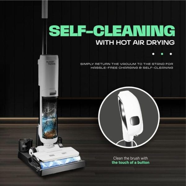Russell Taylors cordless floor washer vacuum with self-cleaning hot air drying feature, showing transparent dirt chamber and charging stand with one-button brush cleaning.