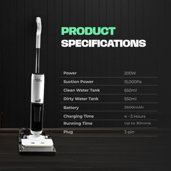 Russell Taylors cordless floor washer vacuum with product specifications showing 200W power, 15,000Pa suction, 650ml clean tank, 2600mAh battery, 30-minute runtime.