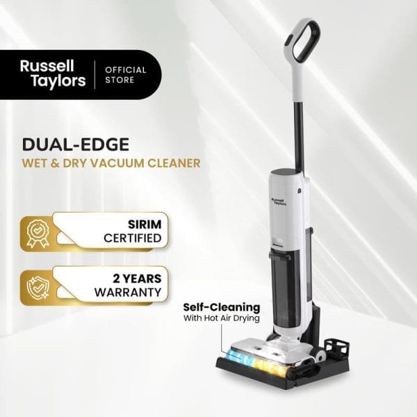 Russell Taylors Dual-Edge wet and dry vacuum cleaner with self-cleaning hot air drying feature, SIRIM certified with 2 years warranty, white and black design.