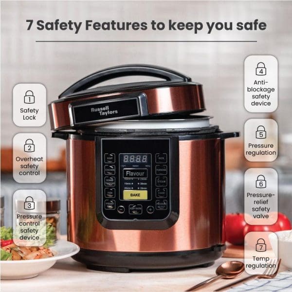Russell Taylors copper-colored electric pressure cooker with digital display showing 7 labeled safety features including safety lock, overheat control, and pressure regulation systems.