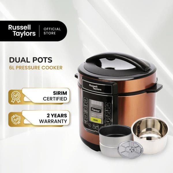 Russell Taylors 6L Dual Pot Electric Pressure Cooker with copper finish, digital display, two cooking pots, steamer insert, SIRIM certified, 2-year warranty.