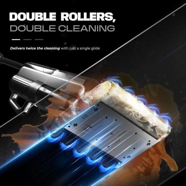 Russell Taylors Dual Roller Wet Dry Cordless Floor Washer with double cleaning rollers technology, showing blue flames and cleaning action on dark surface.