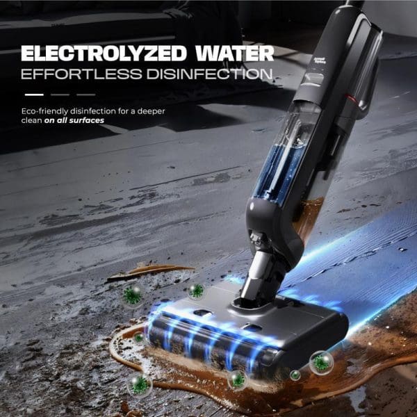 Russell Taylors Dual Roller Wet Dry Cordless Floor Washer cleaning dirty floor with electrolyzed water disinfection technology, showing blue UV light and debris removal.