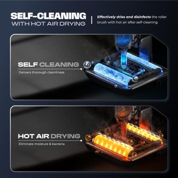Russell Taylors Dual Roller Wet Dry Cordless Floor Washer showing self-cleaning with blue water and hot air drying with orange heat elements.