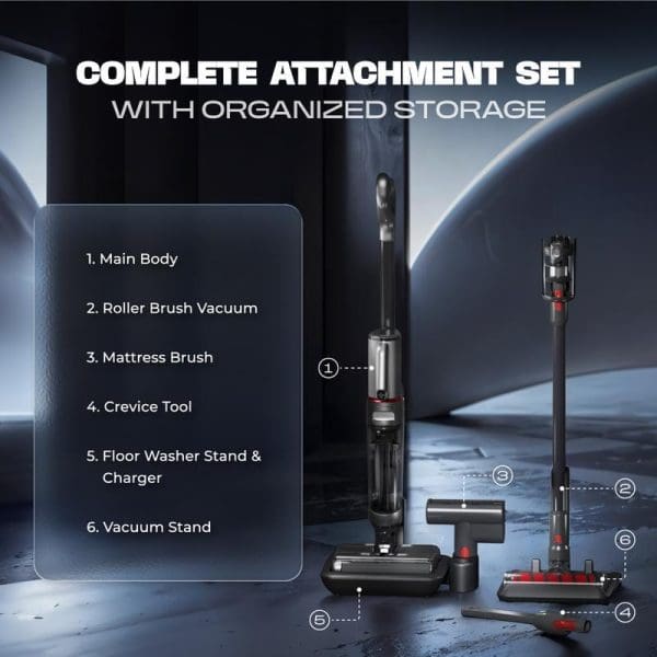 Russell Taylors Dual Roller Wet Dry Cordless Floor Washer 4-in-1 Vacuum Cleaner complete attachment set with organized storage components displayed on modern surface.