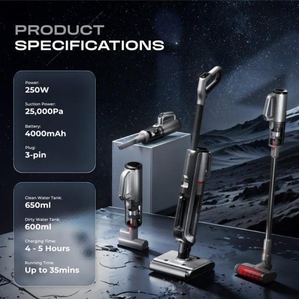 Russell Taylors i4 cordless vacuum cleaner with product specifications showing 250W power, 25000Pa suction, 4000mAh battery, dual water tanks, and multiple cleaning attachments on futuristic background.