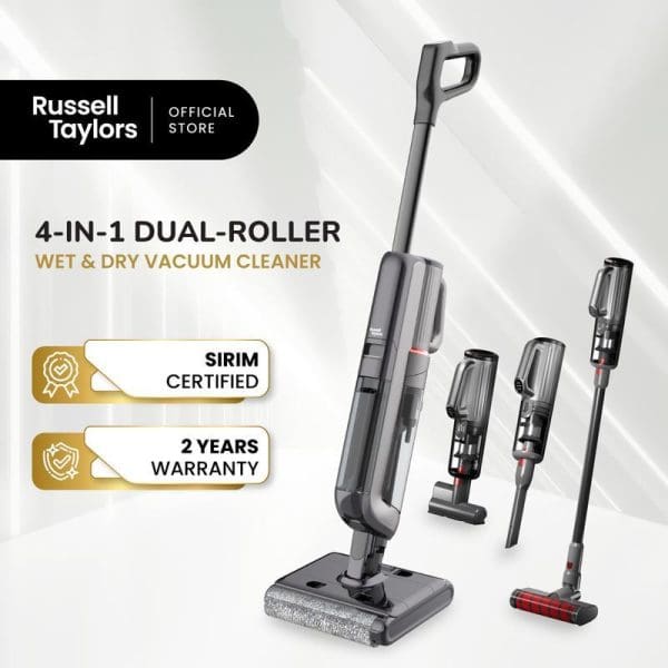 Russell Taylors 4-in-1 dual-roller wet and dry vacuum cleaner with multiple attachments, SIRIM certified, 2-year warranty, gray cordless floor washer and mop.