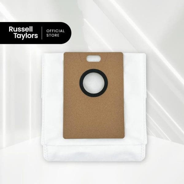 Russell Taylors replacement dust bag for R10 PRO Robot Vacuum Cleaner in clear plastic packaging with brown filter bag visible inside.