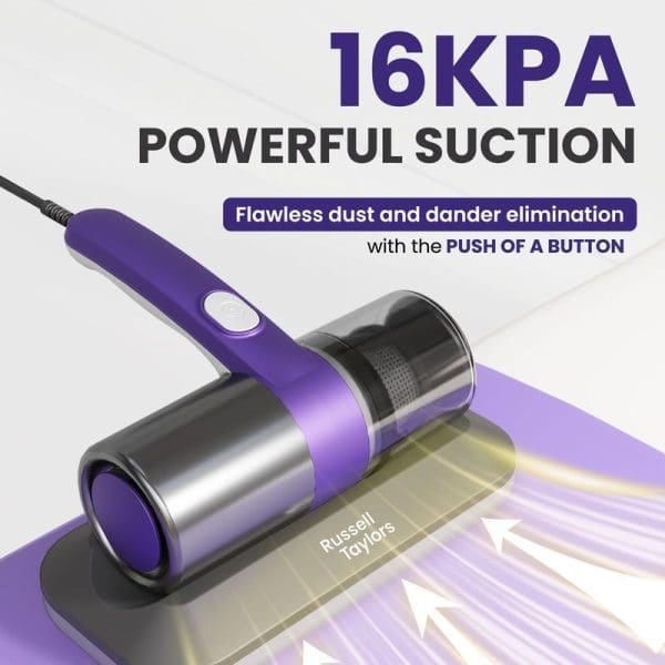 Russell Taylors VM-10 Dust Mite Vacuum Cleaner with 16KPA powerful suction, purple and silver design, showing flawless dust elimination with button operation.