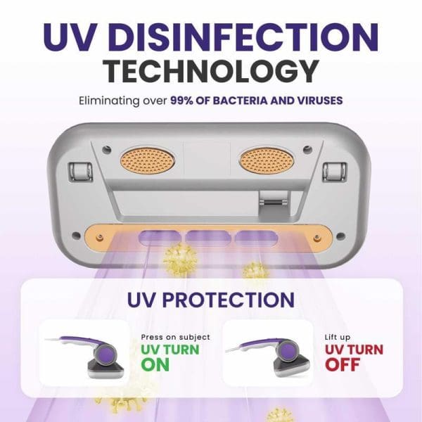 Russell Taylors VM-10 Dust Mite Vacuum Cleaner with UV disinfection technology, eliminating 99% of bacteria and viruses, featuring UV protection controls.