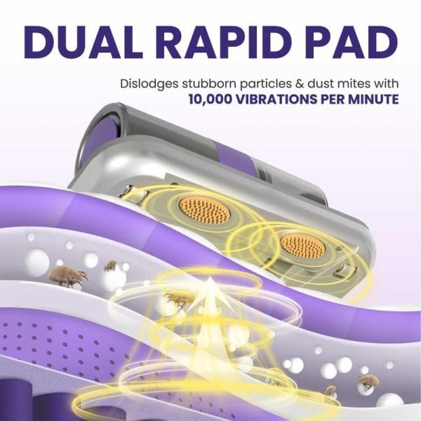 Russell Taylors VM-10 Dust Mite Vacuum Cleaner with dual rapid pad technology, featuring 10,000 vibrations per minute to dislodge stubborn particles and dust mites from fabric surfaces.
