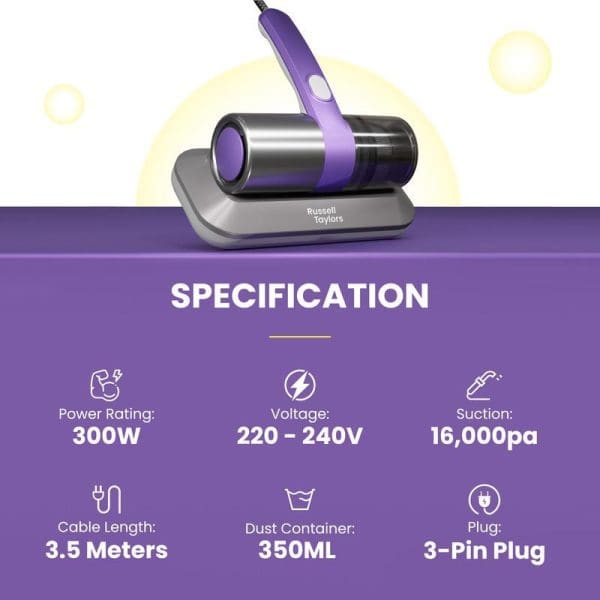 Russell Taylors VM-10 Dust Mite Vacuum Cleaner in purple and silver with specifications: 300W power, 220-240V voltage, 16,000pa suction, 3.5m cable, 350ml dust container.