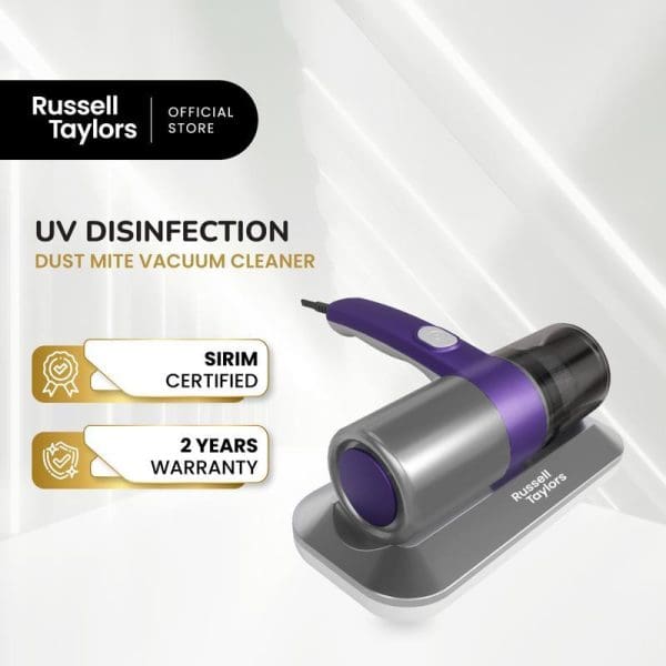 Russell Taylors UV Disinfection Dust Mite Vacuum Cleaner VM-10 with purple and silver design, SIRIM certified, 2 years warranty, on charging dock