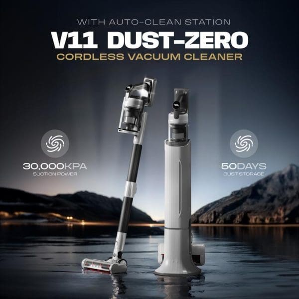 Russell Taylors V11 Dust-Zero cordless vacuum cleaner with auto-clean station, featuring 30,000KPA suction power and 50-day dust storage capacity, displayed against scenic lake backdrop.