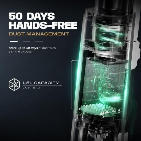 Russell Taylors Dust-Zero Cordless Vacuum Cleaner V11 with transparent dust chamber showing 50 days hands-free dust management and 1.5L capacity dust bag technology.