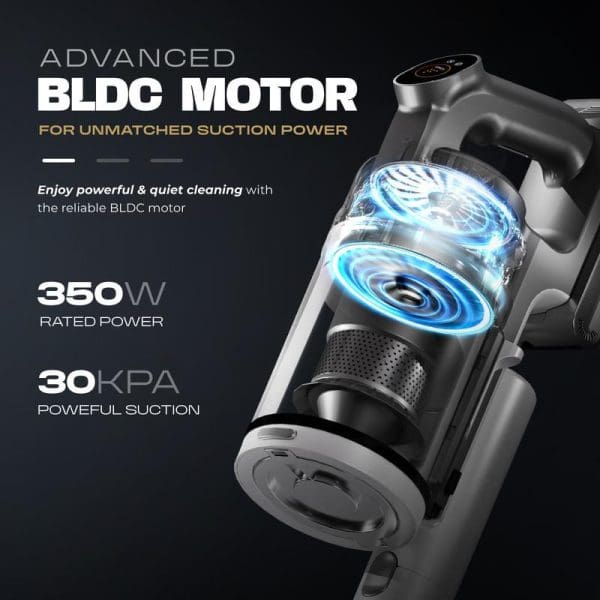 Russell Taylors Dust-Zero Cordless Vacuum Cleaner V11 with advanced BLDC motor, 350W power, 30kPA suction, featuring transparent dustbin and blue motor visualization.