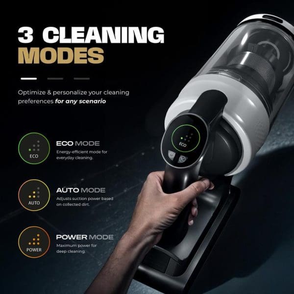 Russell Taylors Dust-Zero Cordless Vacuum Cleaner V11 displaying three cleaning modes: ECO, AUTO, and POWER with circular indicators and hand holding device.