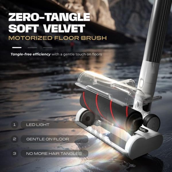 Russell Taylors Zero-Tangle Soft Velvet Motorized Floor Brush with LED light, anti-tangle technology, and gentle floor cleaning capabilities for cordless vacuum cleaner.