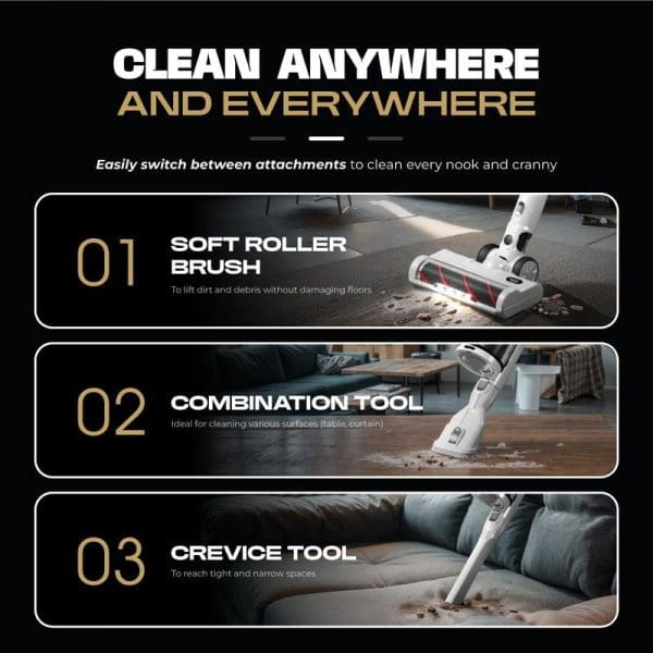 Russell Taylors V11 cordless vacuum cleaner showing three cleaning attachments: soft roller brush, combination tool, and crevice tool for versatile cleaning capabilities.