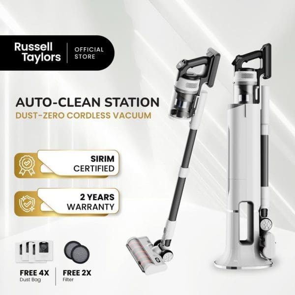 Russell Taylors V11 cordless vacuum cleaner with auto-clean station, SIRIM certified, 2-year warranty, includes 4x dust bags and 2x filters.