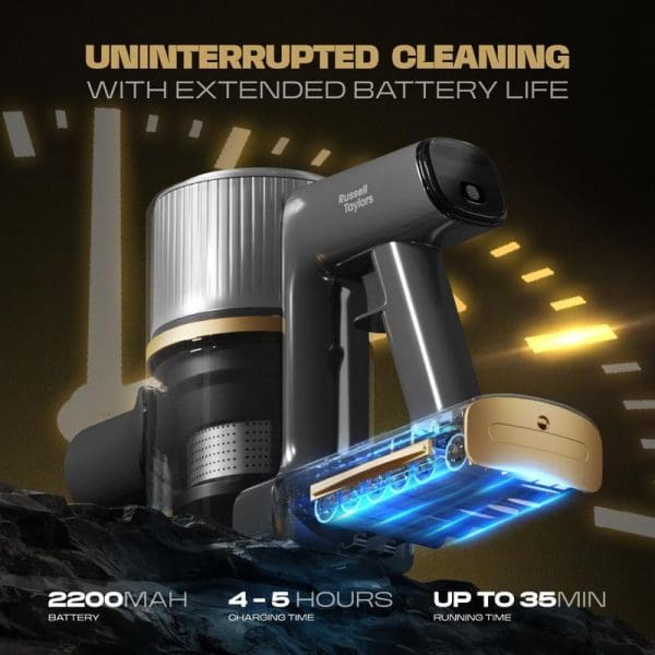 Russell Taylors Dynamic Cordless Vacuum Cleaner V2 with 2200mAh battery, 4-5 hours charging time, up to 35 minutes running time, featuring uninterrupted cleaning capabilities.