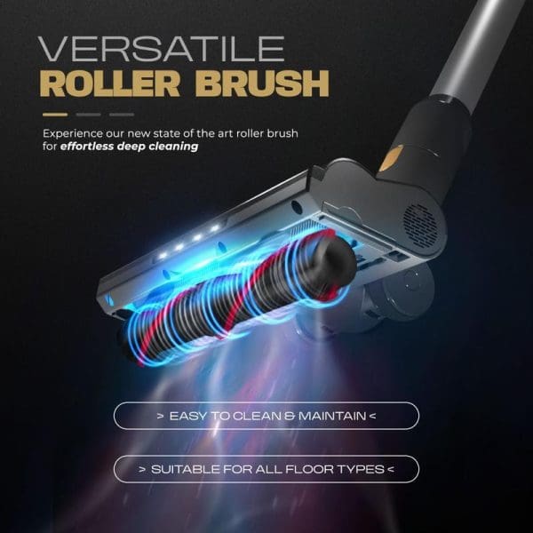 Russell Taylors Dynamic Cordless Vacuum Cleaner V2 with versatile roller brush featuring LED lights, suitable for all floor types and easy maintenance.