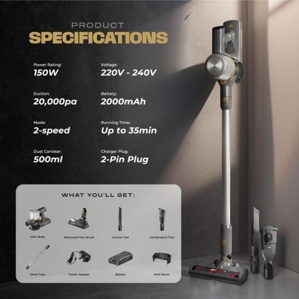 Russell Taylors Dynamic Cordless Vacuum Cleaner V2 with product specifications showing 150W power, 20,000pa suction, and included accessories displayed on modern interior background.