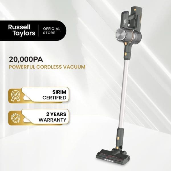 Russell Taylors 20,000PA cordless vacuum cleaner with stick design, SIRIM certified, 2-year warranty, grey and white color scheme, official store product image.