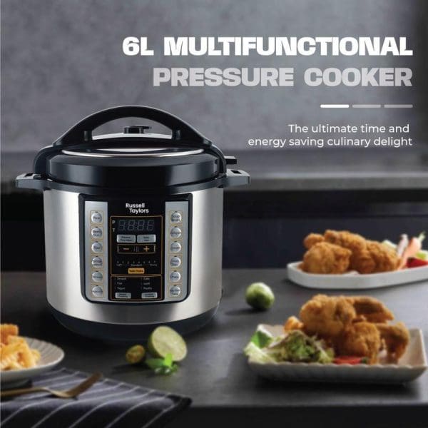 Russell Taylors 6L multifunctional electric pressure cooker with digital display, stainless steel construction, and cooked food displayed on plates in modern kitchen setting.