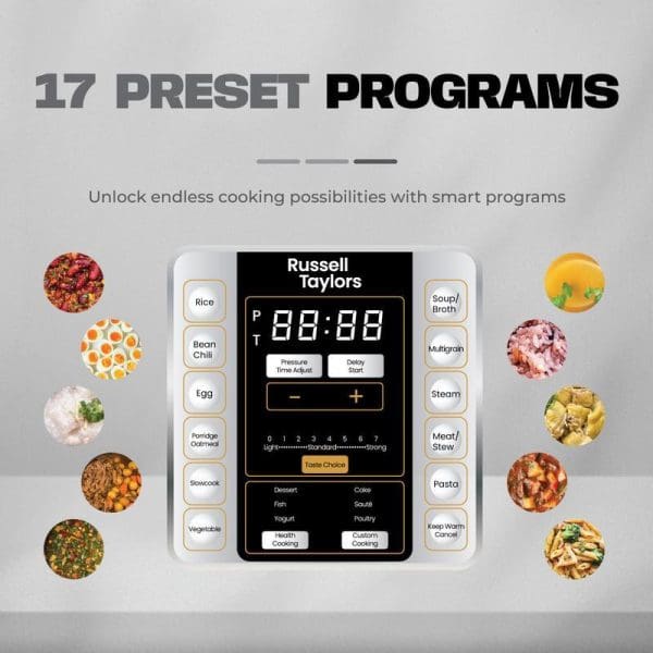 Russell Taylors Electric Pressure Cooker with digital display showing 17 preset cooking programs including rice, soup, steam, meat stew, and pasta options.
