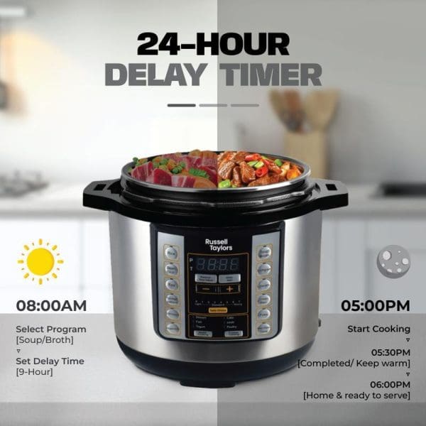 Russell Taylors 6L stainless steel electric pressure cooker with 24-hour delay timer, digital display, 17 preset programs, showing cooking schedule from 8AM to 6PM.