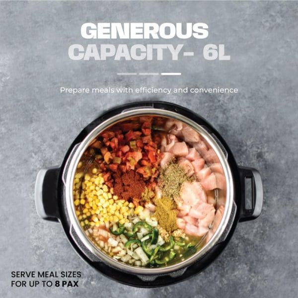 Russell Taylors 6L Electric Pressure Cooker with stainless steel pot containing raw chicken, vegetables, and spices, showcasing generous capacity for up to 8 servings.