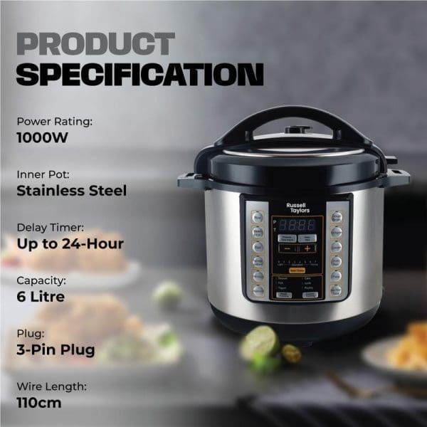 Russell Taylors 6L Electric Pressure Cooker with stainless steel pot, digital display, 1000W power rating, 24-hour delay timer, and 3-pin plug specification image.