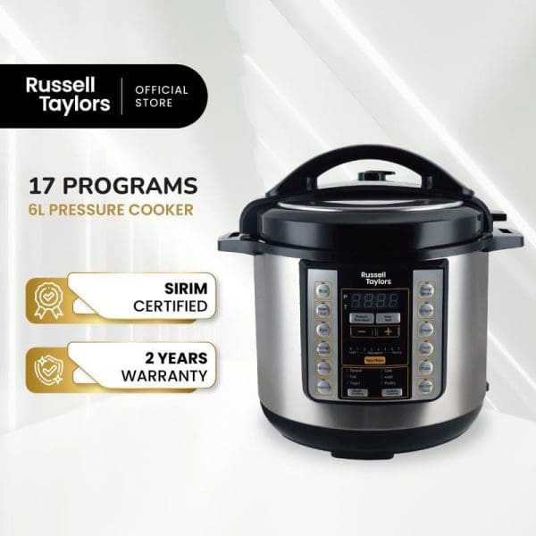 Russell Taylors 6L Electric Pressure Cooker with 17 preset programs, digital display, stainless steel construction, SIRIM certified with 2-year warranty.