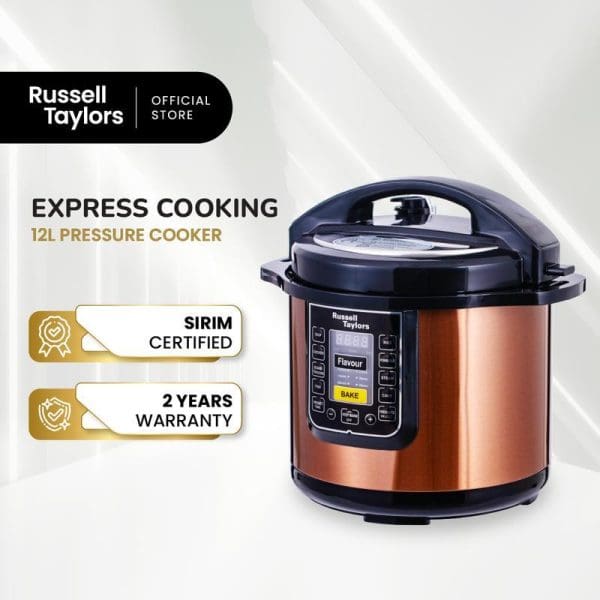 Russell Taylors 12L Express Cooking Pressure Cooker in copper finish with digital display, SIRIM certified with 2 years warranty from official store.