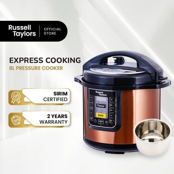 Russell Taylors 8L Express Cooking Electric Pressure Cooker in copper with black lid, digital display, SIRIM certified, 2-year warranty, includes stainless steel inner pot.