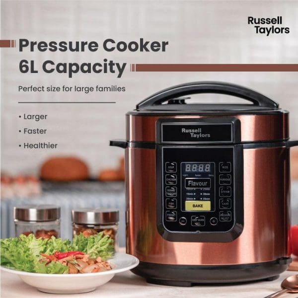 Russell Taylors 6L Electric Pressure Cooker with digital display, copper finish, featuring timer and keep warm functions, displayed in modern kitchen setting with salad.