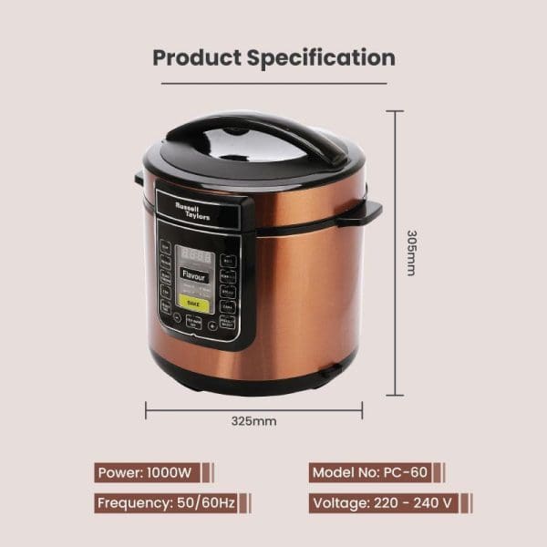 Russell Taylors PC-60 Electric Pressure Cooker 6L copper-colored stainless steel with digital display, specifications showing 1000W power, 325mm width, 305mm height, 220-240V voltage.